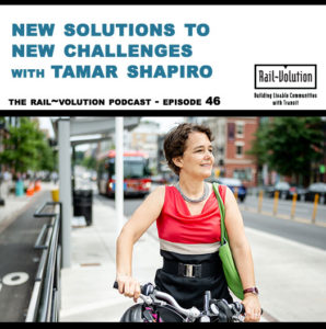 Podcast graphic episode 46 showing Tamar Shapiro on a bicycle