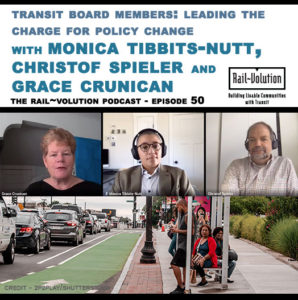 Podcast graphic episode 50 photos of 3 speakers and bus stop