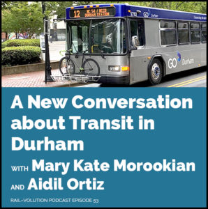 Podcast graphic shows a bus in Durham NC