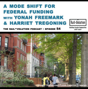 Podcast graphic for ep 54 shows a sidewalk with trees and people walking Credit Dewita Soeharjono Flickr Creative Commons