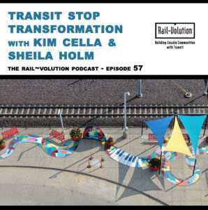 Episode 57 of RailVolution Podcast shows Emerson Park Transit Center with mural on the ground and benches