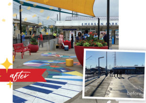 Photos of Emerson Park station before and after transformation with colorful musical theme shade and seating