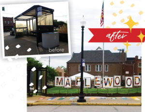before and after City of Maplewood with hopscotch game and MAPLEWOOD sign